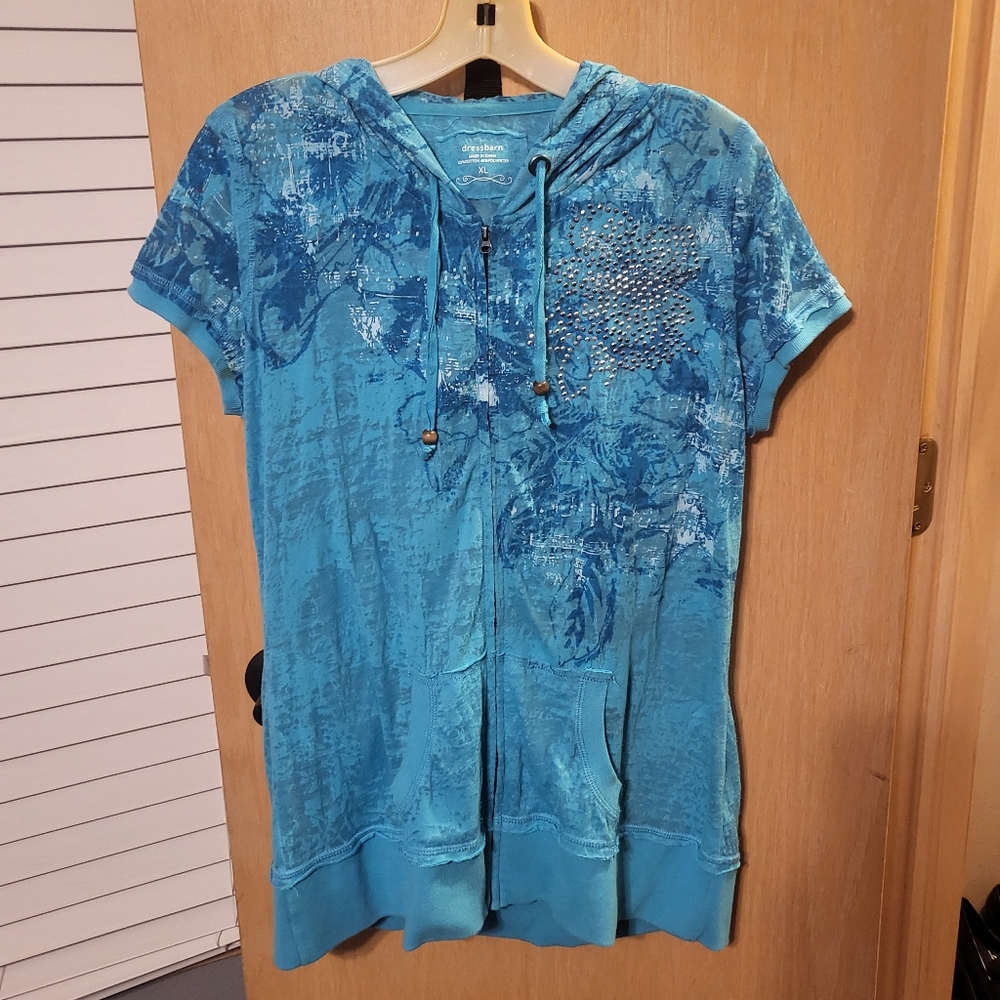 Vintage Y2K Blue M L XL Dress Barn Short Sleeved Hoodie Drawstring Jacket